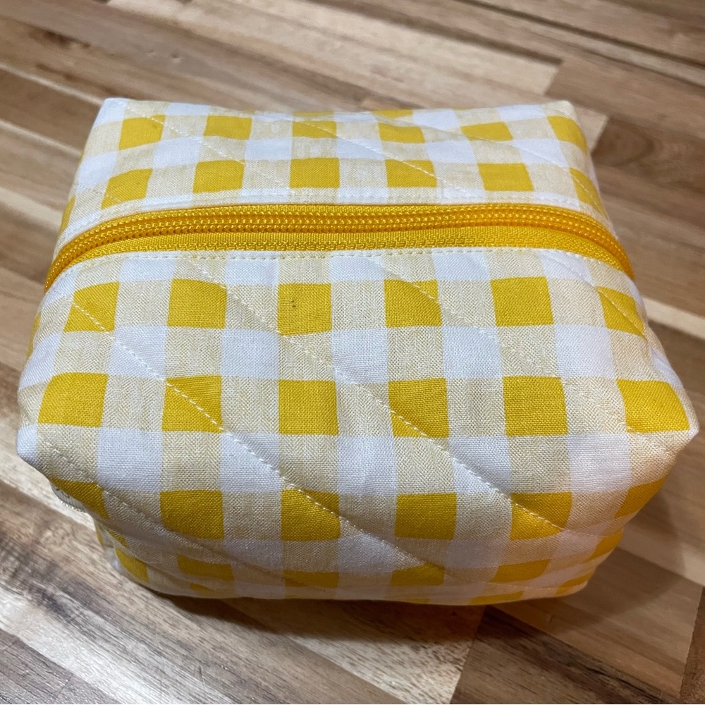 Yellow Quilted Checkered Cosmetic Bag